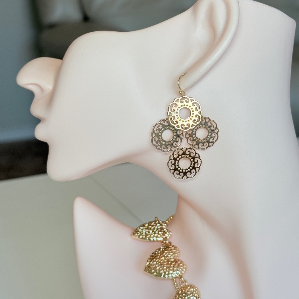 Gold Filigree Drop Earrings - Picture 3 of 13